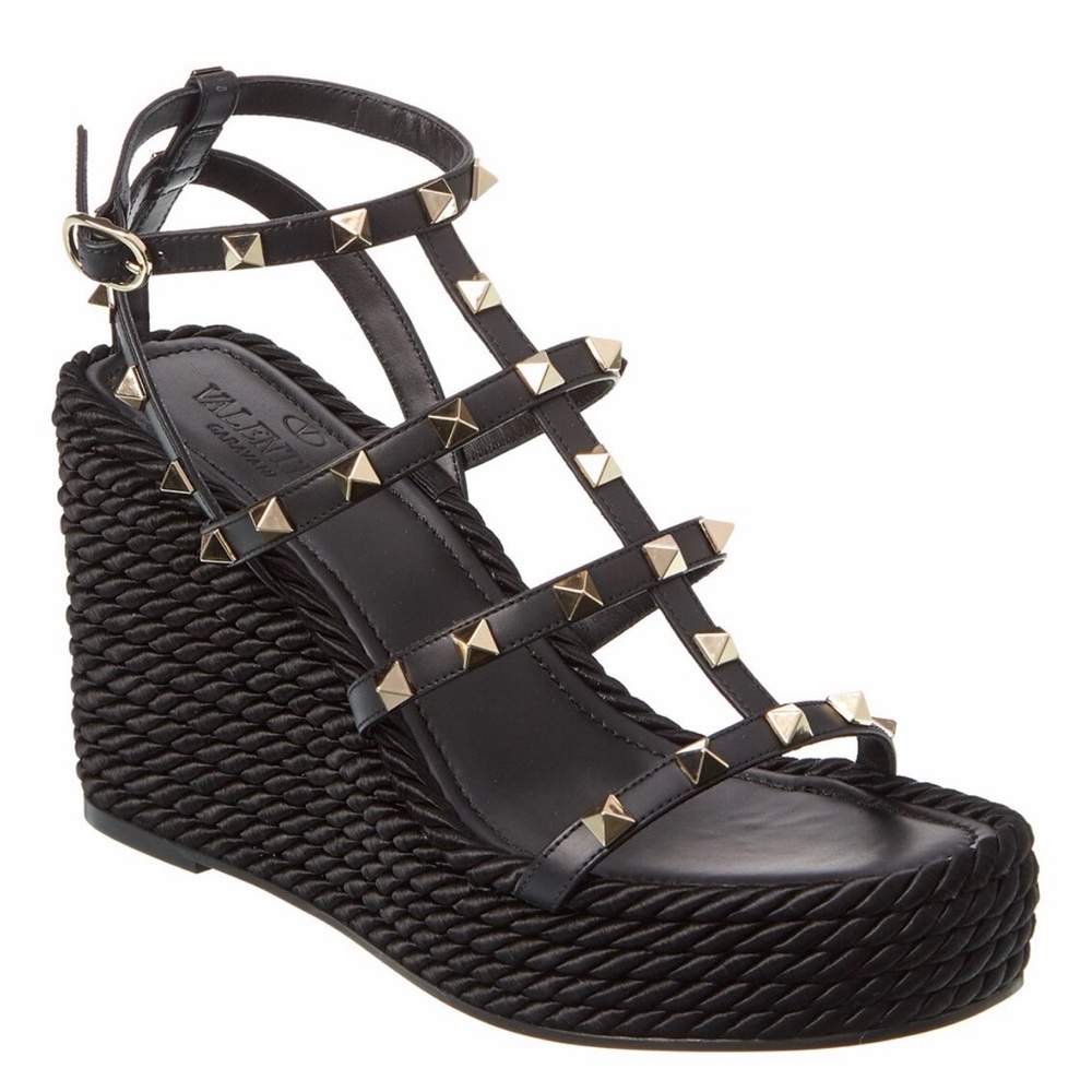 Valentino Black Leather Studded Wedge Sandals with Gold-Tone Studs